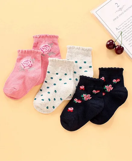 Cute Walk by Babyhug Cotton Blend Ankle Length Anti Bacterial Socks Floral Design Pack of 3 - Pink White Navy Blue