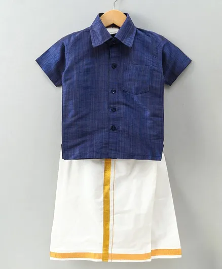 Dapper Dudes Half Sleeves Solid Shirt With Mundu & Angavastram - Blue