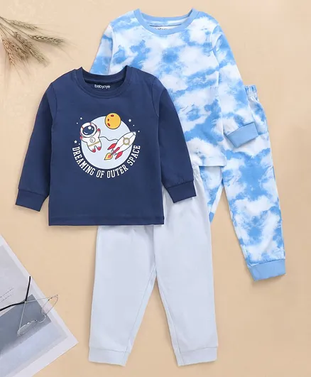 Babyoye Cotton Full Sleeves Nightwear Pajama Set Astronaut Print Pack of 2 - Blue