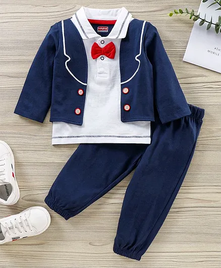 Babyhug Full Sleeves Tee with Bow Attached & Lounge Pant - Navy