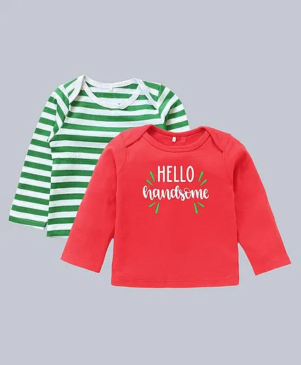 Kadam Baby Pack Of 2 Full Sleeves Striped & Hello Handsome Printed Tee - Green & Red