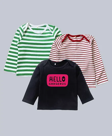 Kadam Baby Pack Of 3 Full Sleeves Striped & Hello Gorgeous Printed Tee - Green Red Black