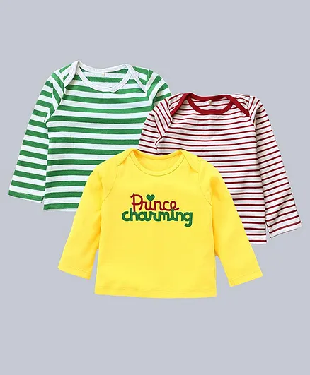 Kadam Baby Pack Of 3 Full Sleeves Striped & Prince Charming Printed Tee - Yellow Red Green