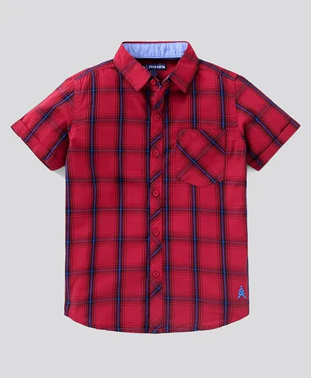 Pine Kids Half Sleeves Biowashed & Checked Shirt with Patch Pocket - Red Blue