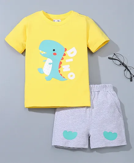 Kookie Kids Half Sleeves Tee & Shorts Dino Print - Yellow Grey