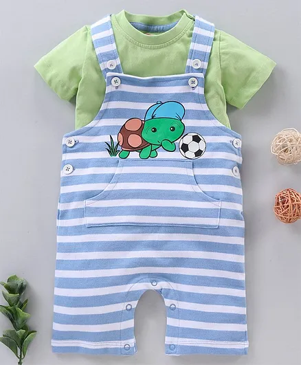 Babyhug Half Sleeves T-Shirt & Dungaree Set Stripes & Turtle Print - Blue Green