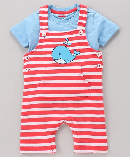 Babyhug Stripe Dungaree Style Romper With Half Sleeves Tee Whale Print - Sky Blue Red
