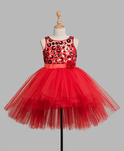 Toy Balloon Sleeveless Sequin Flower Yoke High-Low Party Wear Dress - Red
