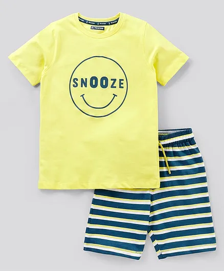 Pine Kids Biowash Half Sleeves Tee & Shorts Nightwear Set Snooze & Stripes Print - Lemon Yellow Blue