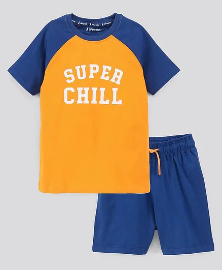 Pine Kids Biowash Half Sleeves Tee & Shorts Nightwear Text Print - Orange Blue