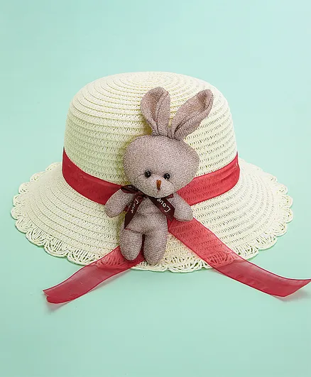 Babyhug Straw Hat With Teddy Bow - Cream