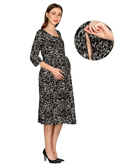 Mum's Caress Three Fourth Sleeves All Over Print Maternity & Feeding Dress - Black