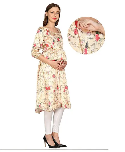 Mum's Caress Three Fourth Sleeves Floral Print Maternity & Feeding Kurti - Off White
