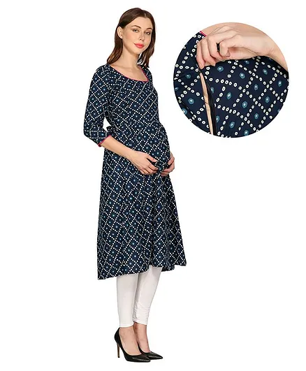 Mum's Caress Three Fourth Sleeves Bandhani Print Maternity & Feeding Kurti - Blue