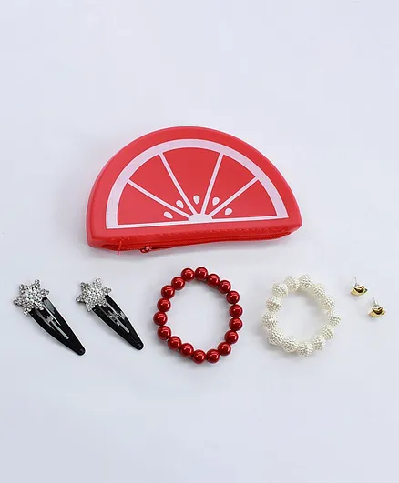 Aabacus Lemon Slice Coin Pouch Cum Key Chain With Hair Clips Bracelets & Earring Gift Set - Red