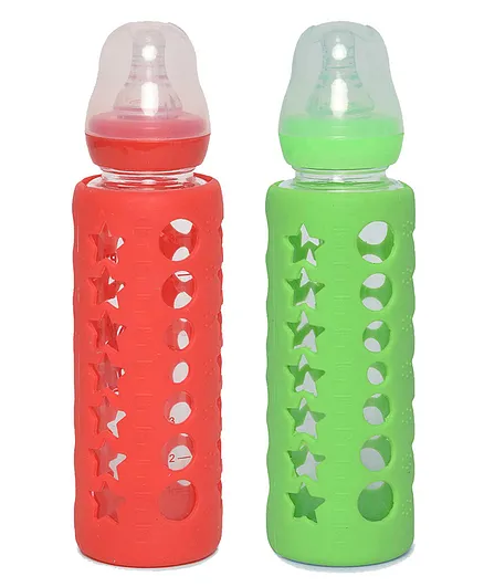 DOMENICO Glass Feeding Bottle Pack of 2 Green Red - 240 ml