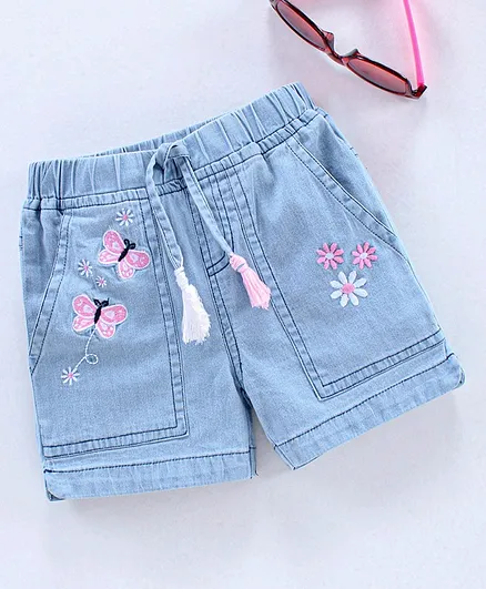Babyhug Mid Thigh Shorts Floral Embroidery - Light Blue