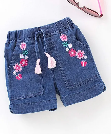 Babyhug Mid Thigh Denim Shorts Floral Embroidery - Blue