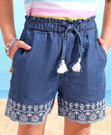 Babyhug Mid Thigh Embroidery Denim Washed Shorts - Blue