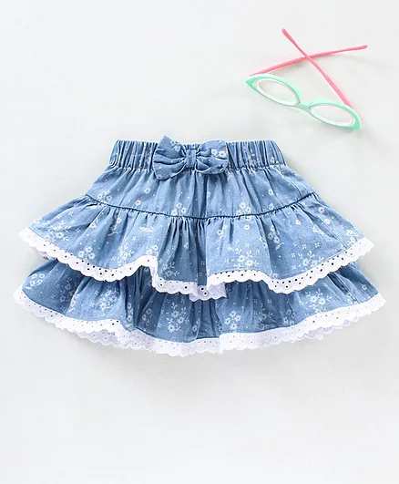 Babyhug Layered Frill Skirt with Bow & Lace Hem Floral Print - Medium Blue