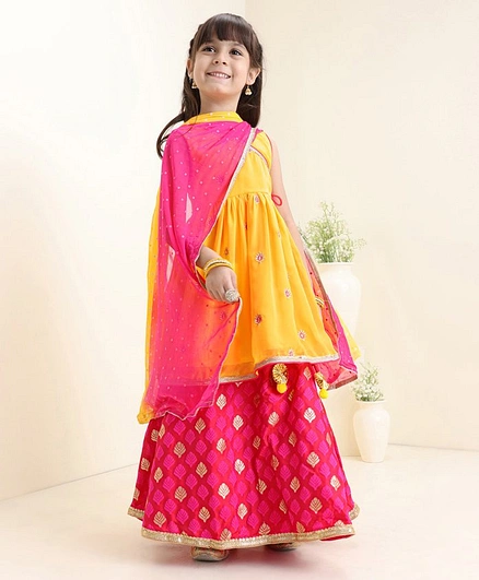 Babyhug Sleeveless Embroidered Choli with Lehenga & Dupatta - Yellow Pink