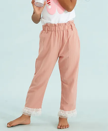 Kookie Kids Full Length Solid Pant Lace Work - Peach
