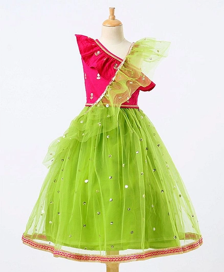 Babyhug Sleeveless Choli & Net Lehenga With Dupatta Sequinned Floral Detailing - Fuchsia & Light Green