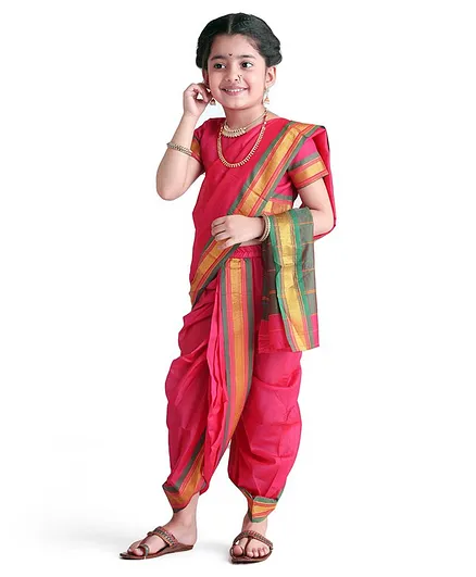 Babyhug Half Sleeves Blouse And Zari Bordered Nauvari Saree - Pink