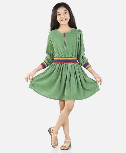 Fairies Forever Full Sleeves Attached Colourful Belt Detailing Dress - Green