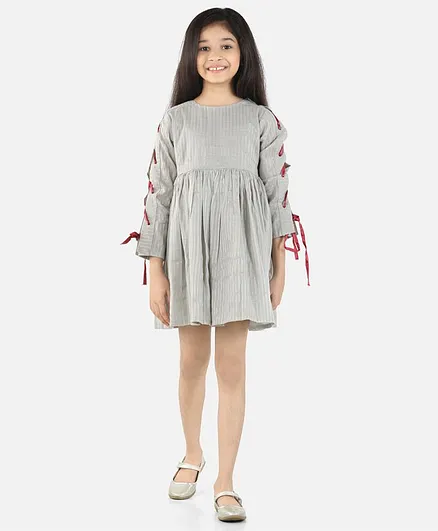 Fairies Forever Patterned Full Sleeves With Self Striped Dress - Grey