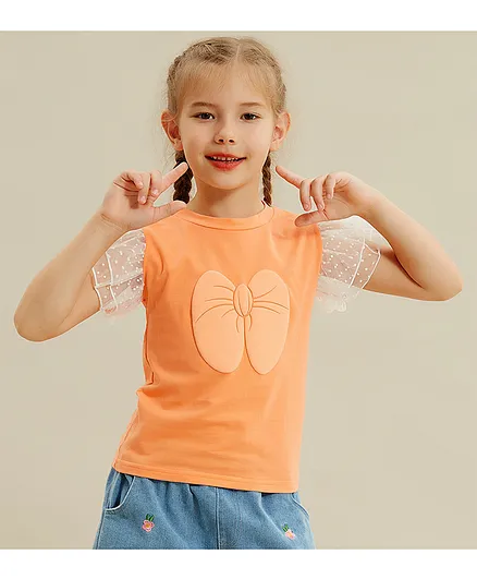 Kookie Kids Short Sleeves Top Bow Print - Orange