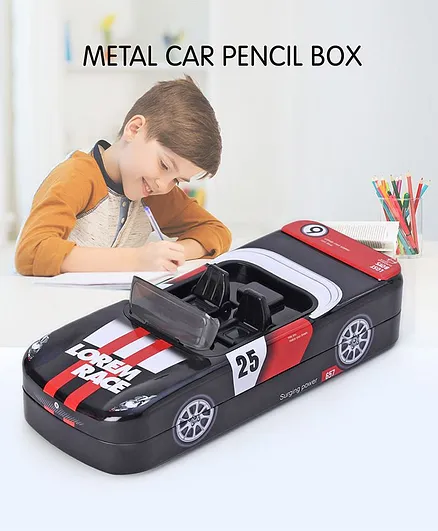 Car Shaped Metal Pencil Box- Black & Red