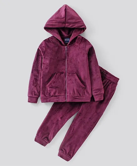 Pine Kids Full Sleeves Velour Set with Hoodie and Trouser - Purple