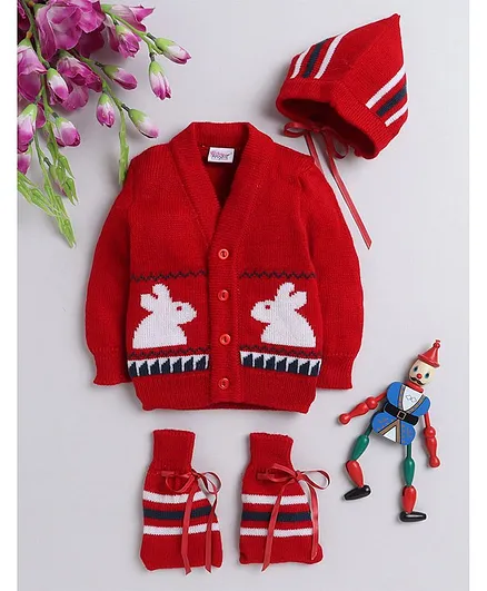 Little Angels Full Sleeves Bunny Design Sweater With Cap & Mittens - Red