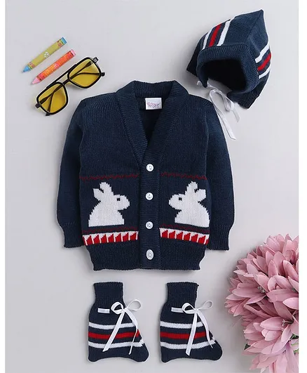 Little Angels Full Sleeves Bunny Design Sweater With Cap & Mittens - Navy Blue