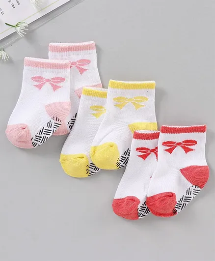 Nuluv Cotton Blend Ankle Length Socks Bow Design Pack of 3 - Pink Yellow