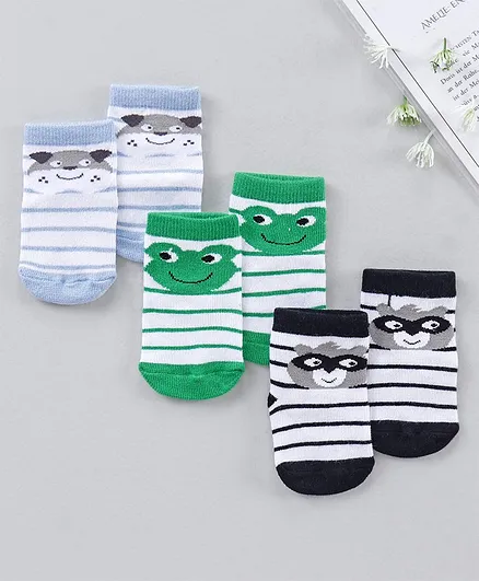 Nuluv Cotton Blend Ankle Length Anti Skid Socks Animal Design Pack of 3 - Green blue