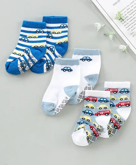 Nuluv Cotton Blend Ankle Length Striped Socks Car Design Pack of 3 - Blue White