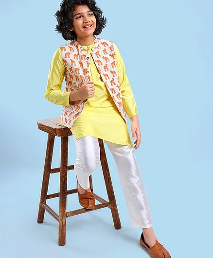 Pine Kids Full Sleeves Kurta Pyjama Set with Camel Printed Nehru Jacket & Mask - Light Yellow