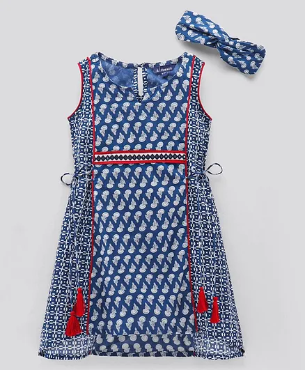 Pine Kids Printed Ethnic Dresses with Hair Band - Blue