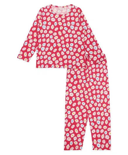 RAINE AND JAINE Full Sleeves Daisy Print Tee And Pajama Set - Red