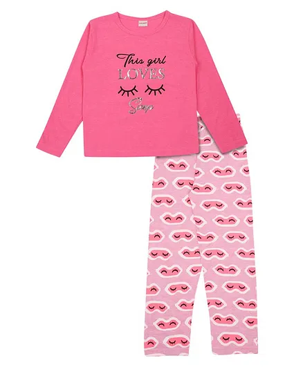 RAINE AND JAINE Full Sleeves Sleep Eye Patch Print Tee And Pajama Set - Pink