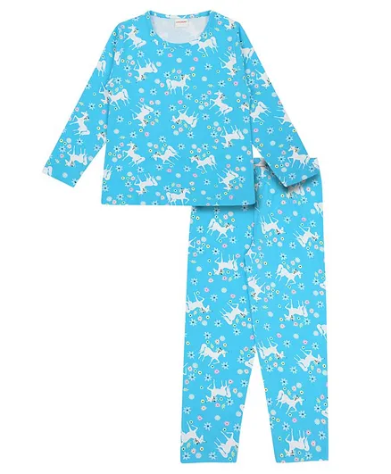 RAINE AND JAINE Full Sleeves Unicorn Print Tee And Pajama Set - Blue