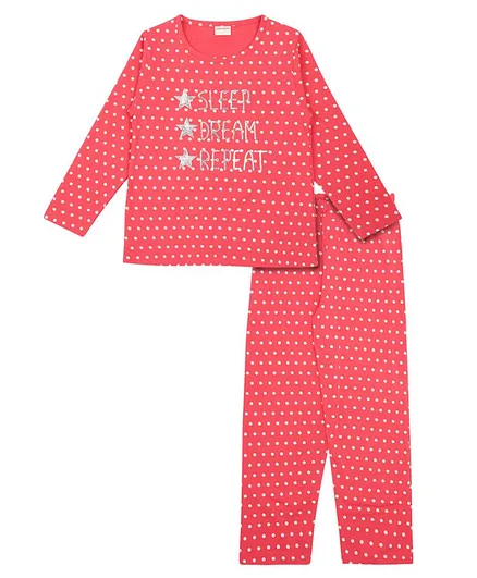 RAINE AND JAINE Full Sleeves Polka Dot And Text Print Tee And Pajama Set - Red