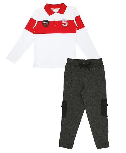 RAINE AND JAINE Full Sleeves Color-Block Tee And Knee Pocket Joggers Set - White And Black