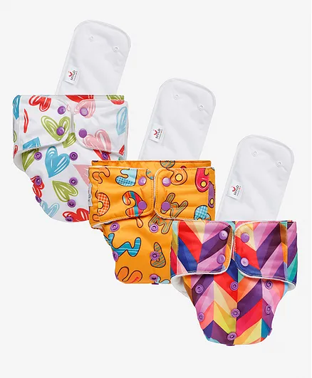 Mylo Baby Freesize Adjustable Cloth Diapers with 3 Free Insert Oeko Tex Certified Pack of 3 Rainbow Heart ABC Print - Multicolour