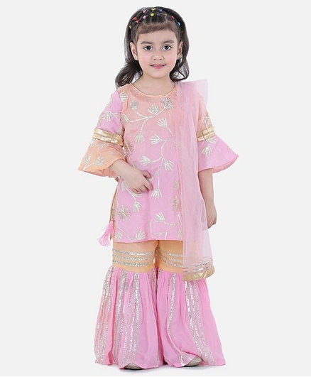 WhiteHenz Clothing Three Fourth Sleeves Floral Embellished Silk Kurta And Stripes Sharara With Net Dupatta - Pink