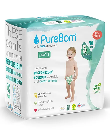 PureBorn Organic Bamboo Printed Pant Diapers Size 5 Double Pack - 40 Pieces