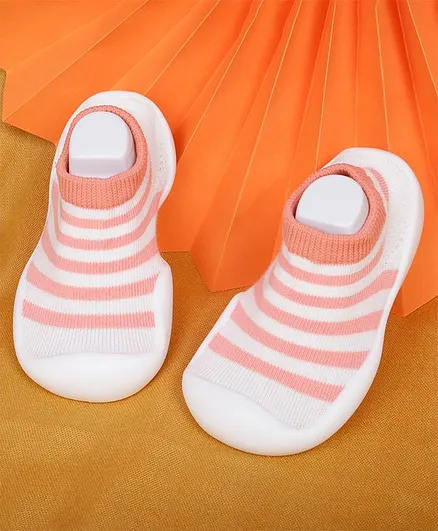 Baby Moo Unisex Stripes Print Sock Shoes - Peach