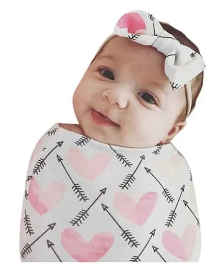 MOMISY Photoprop Rose Print Swaddle Wrapper With Bow Knot Headband - Pink